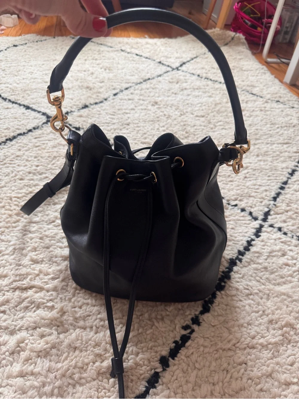 Saint Laurent Black Leather Drawstring Hobo with Gold-Tone Hardware